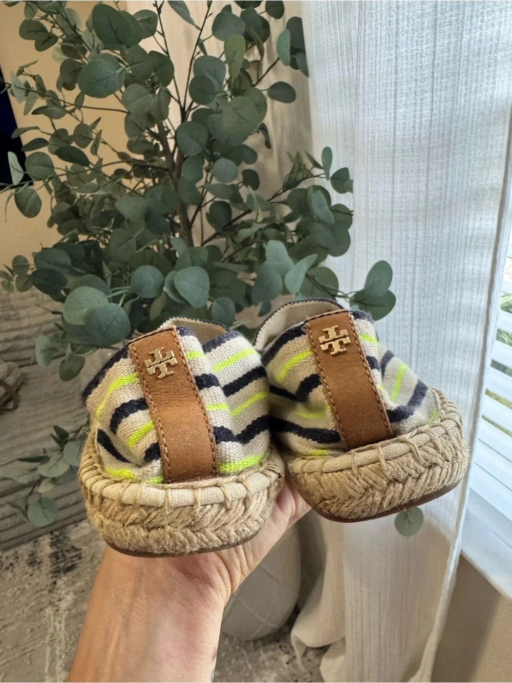 Tory Burch Neutral Canvas Espadrilles with Navy & Neon Yellow Accents